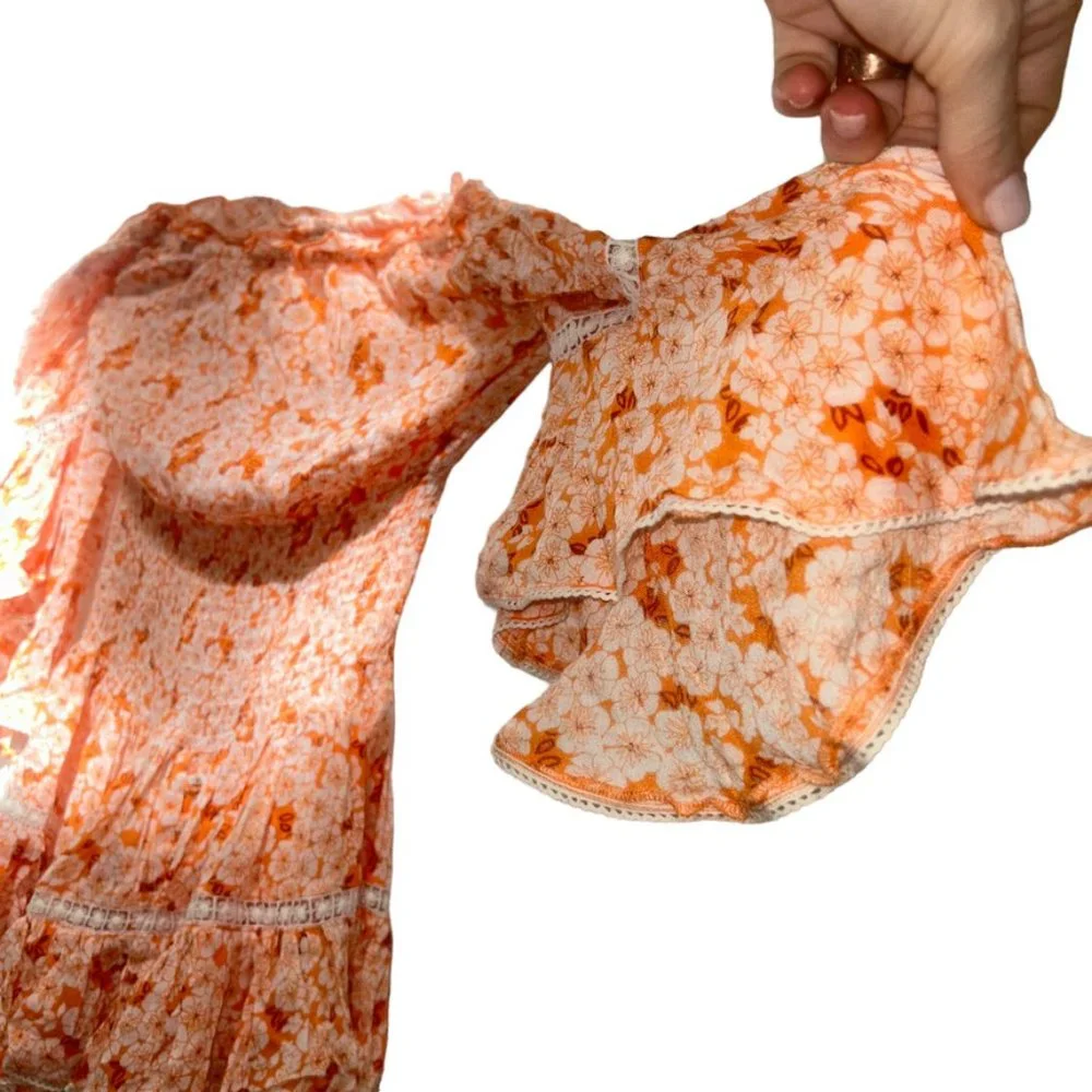 Orange kids girls SUNDAY Indian block Print Cold Shoulder tiered sleeve dress  …
